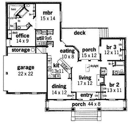 One-Story, Southern House Plan 65626 with 3 Beds, 2 Baths, 2 Car Garage First Level Plan