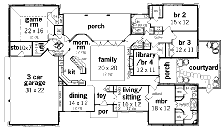 European House Plan 65627 with 3 Beds, 2 Baths, 3 Car Garage First Level Plan