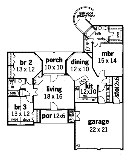 European, Mediterranean, One-Story House Plan 65636 with 3 Beds, 2 Baths, 2 Car Garage First Level Plan