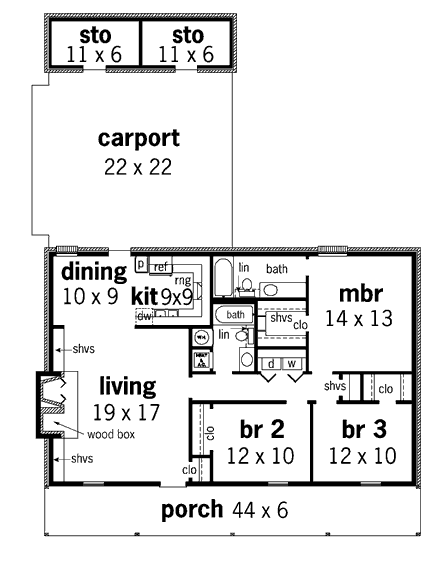 Cabin, Ranch House Plan 65638 with 3 Beds, 2 Baths, 2 Car Garage First Level Plan