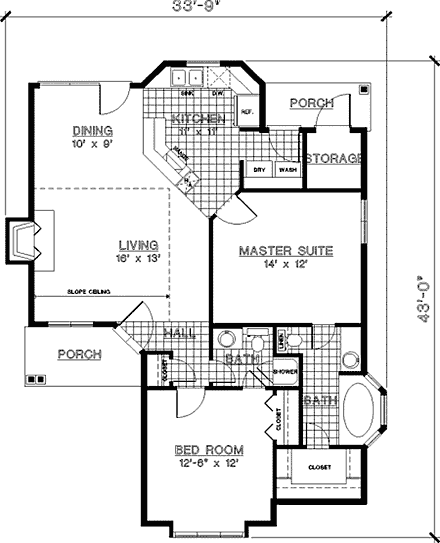 Mediterranean, Narrow Lot House Plan 65643 with 2 Beds, 2 Baths First Level Plan
