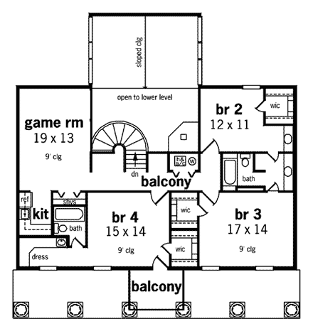 Colonial, Southern House Plan 65659 with 4 Beds, 4 Baths, 2 Car Garage Second Level Plan