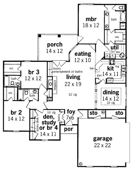 Mediterranean, One-Story House Plan 65666 with 4 Beds, 3 Baths, 2 Car Garage First Level Plan