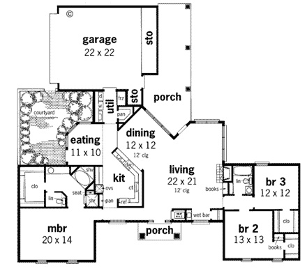 Mediterranean, One-Story House Plan 65674 with 3 Beds, 2 Baths, 2 Car Garage First Level Plan