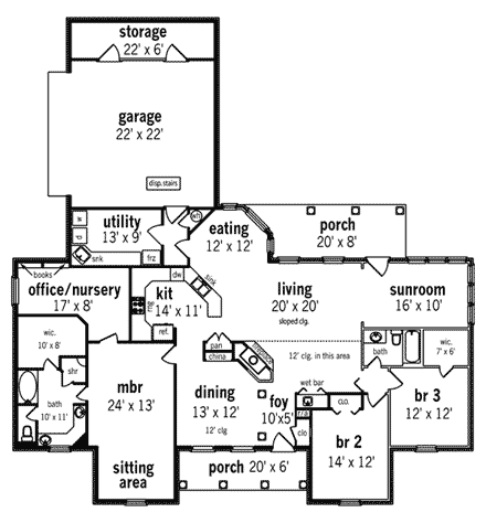 European, Mediterranean, One-Story House Plan 65678 with 4 Beds, 2 Baths, 2 Car Garage First Level Plan
