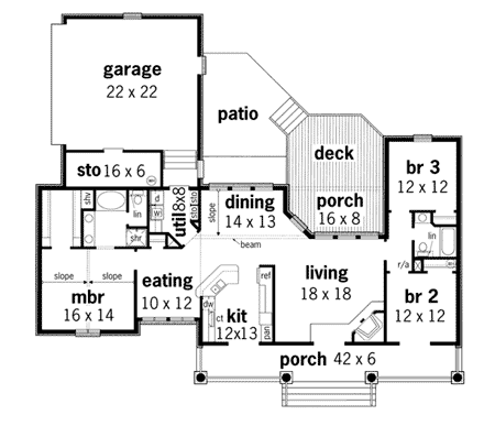 One-Story, Southwest House Plan 65682 with 3 Beds, 2 Baths, 2 Car Garage First Level Plan
