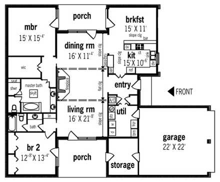 One-Story, Traditional House Plan 65695 with 2 Beds, 2 Baths, 2 Car Garage First Level Plan