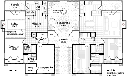 European, One-Story Multi-Family Plan 65706 with 4 Beds, 4 Baths First Level Plan