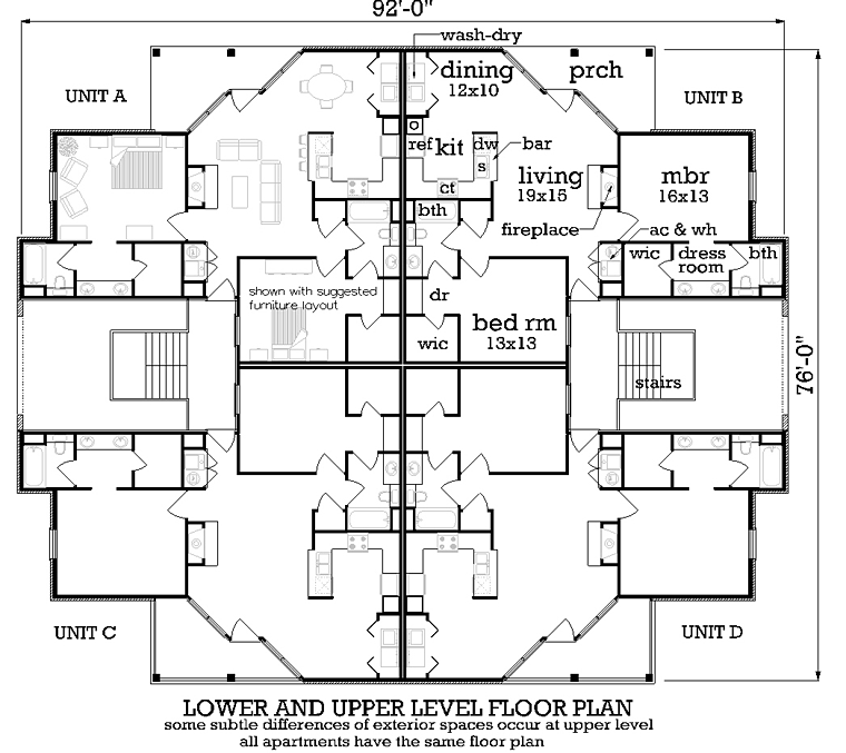 European Multi-Family Plan 65710 with 16 Beds, 16 Baths Level One