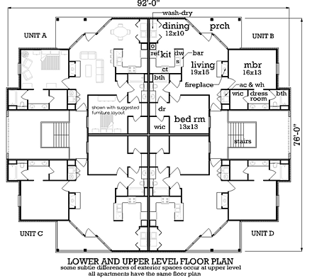 European Multi-Family Plan 65710 with 16 Beds, 16 Baths First Level Plan