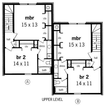 Narrow Lot Multi-Family Plan 65714 with 4 Beds, 4 Baths Second Level Plan