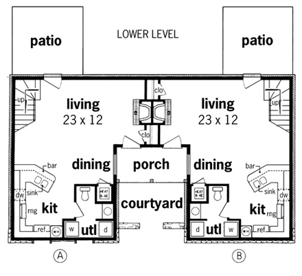 Multi-Family Plan 65715 with 2 Beds, 4 Baths First Level Plan