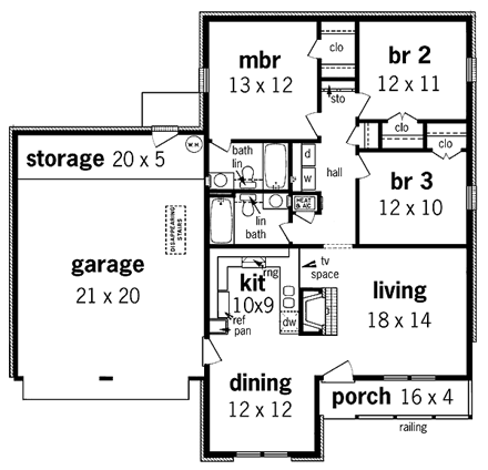 One-Story, Tudor House Plan 65747 with 3 Beds, 2 Baths, 2 Car Garage First Level Plan