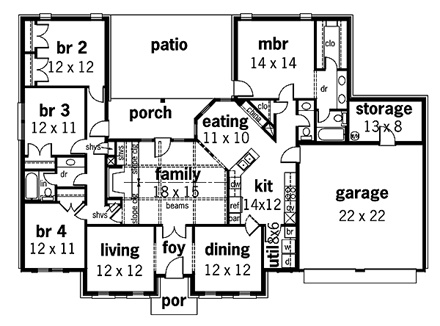 One-Story, Ranch House Plan 65769 with 4 Beds, 3 Baths, 2 Car Garage First Level Plan