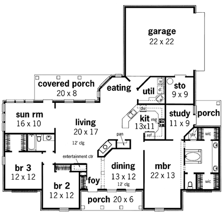 Colonial, European, One-Story House Plan 65778 with 3 Beds, 2 Baths, 2 Car Garage First Level Plan