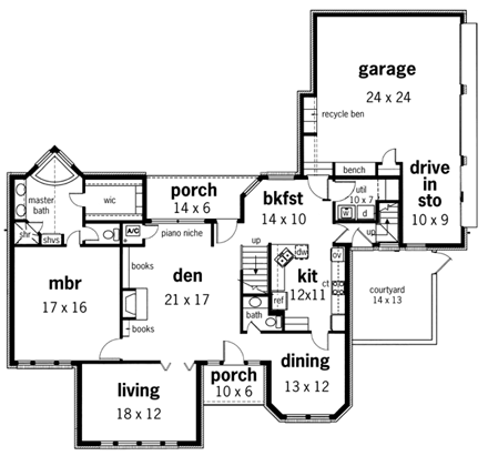 European House Plan 65798 with 4 Beds, 4 Baths, 2 Car Garage First Level Plan