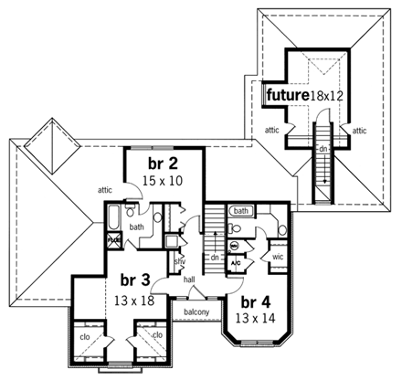 European House Plan 65798 with 4 Beds, 4 Baths, 2 Car Garage Second Level Plan