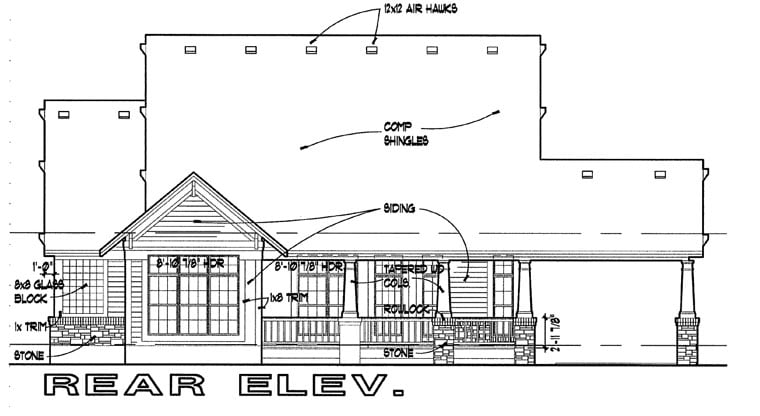 Bungalow, Craftsman Plan with 1657 Sq. Ft., 3 Bedrooms, 2 Bathrooms, 2 Car Garage Rear Elevation