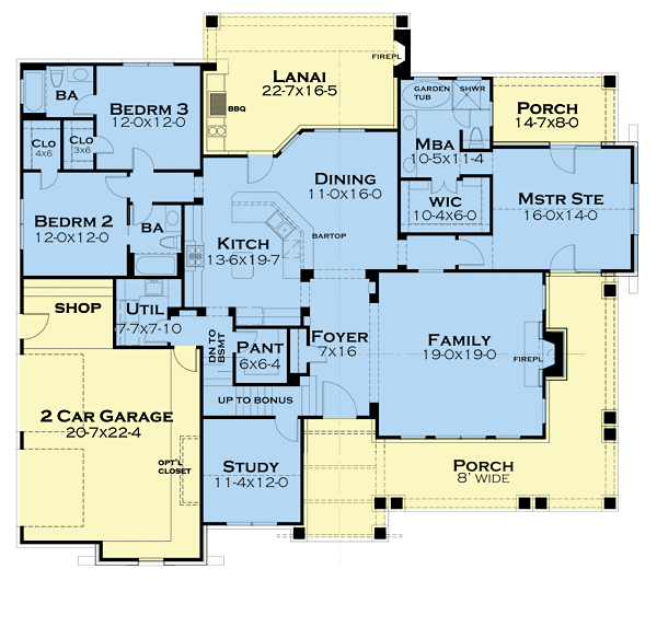 Bungalow, Cottage, Country, Tuscan House Plan 65875 with 3 Beds, 3 Baths, 2 Car Garage Level One