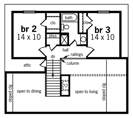 House Plan 65921 with 3 Beds, 2 Baths, 2 Car Garage Second Level Plan