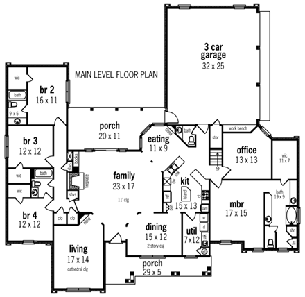 House Plan 65931 with 4 Beds, 4 Baths, 3 Car Garage First Level Plan