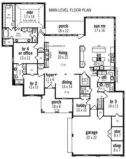 One-Story House Plan 65933 with 4 Beds, 3 Baths, 2 Car Garage First Level Plan