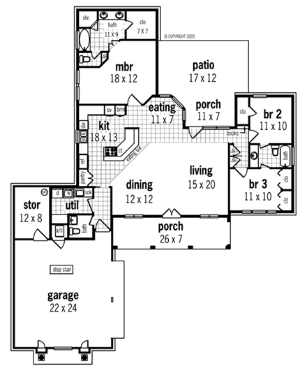 European, Mediterranean House Plan 65964 with 3 Beds, 3 Baths, 2 Car Garage First Level Plan
