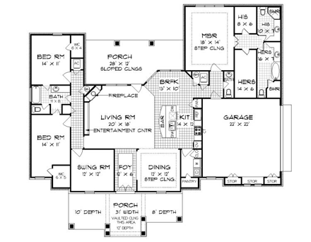 Traditional House Plan 65971 with 3 Beds, 4 Baths, 2 Car Garage First Level Plan