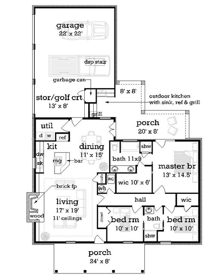 House Plan 65975 with 3 Beds, 2 Baths, 2 Car Garage First Level Plan