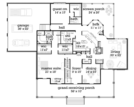 House Plan 65977 with 4 Beds, 4 Baths, 3 Car Garage First Level Plan