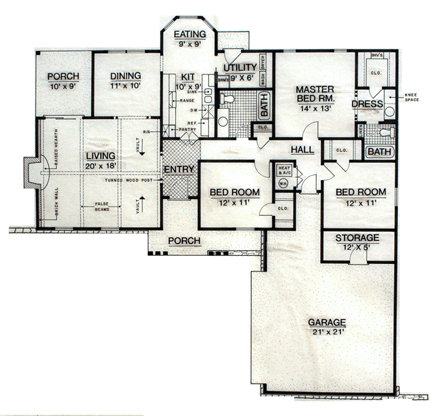 Tudor House Plan 65980 with 3 Beds, 2 Baths, 2 Car Garage First Level Plan