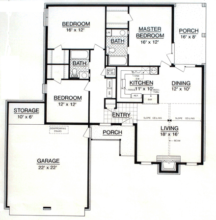 House Plan 65981 with 3 Beds, 2 Baths, 2 Car Garage First Level Plan