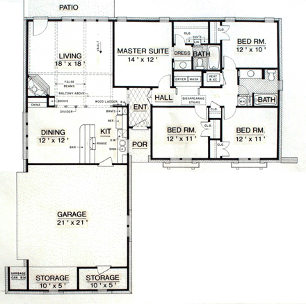 House Plan 65983 with 4 Beds, 2 Baths, 2 Car Garage First Level Plan