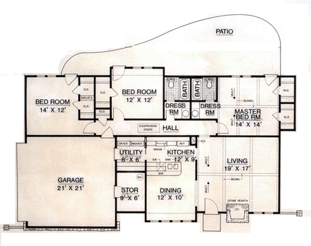 Contemporary House Plan 65984 with 3 Beds, 2 Baths, 2 Car Garage First Level Plan