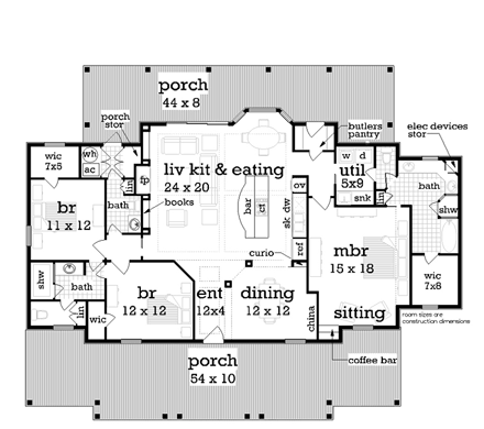 Cottage, Southern House Plan 65988 with 3 Beds, 3 Baths First Level Plan