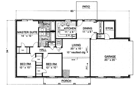 House Plan 65989 with 3 Beds, 2 Baths, 2 Car Garage First Level Plan