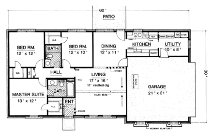 House Plan 65990 with 3 Beds, 2 Baths, 2 Car Garage First Level Plan