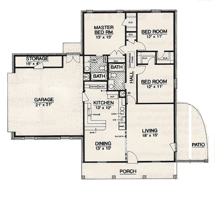 House Plan 65991 with 3 Beds, 2 Baths, 2 Car Garage First Level Plan