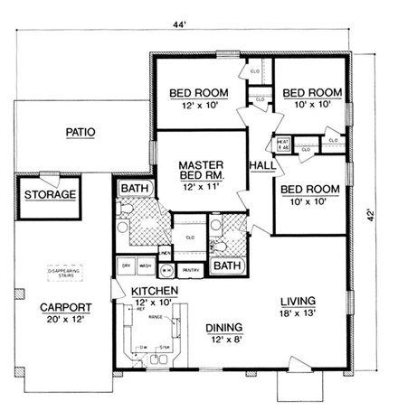 House Plan 65992 with 4 Beds, 2 Baths, 1 Car Garage First Level Plan