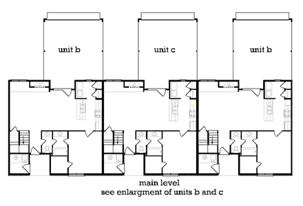 Multi-Family Plan 65997 with 4 Beds, 6 Baths, 4 Car Garage First Level Plan