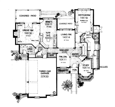 European, French Country, Tudor House Plan 66005 with 4 Beds, 4 Baths, 3 Car Garage First Level Plan