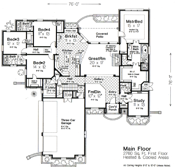 Traditional House Plan 66016 with 4 Beds, 4 Baths, 3 Car Garage Level One