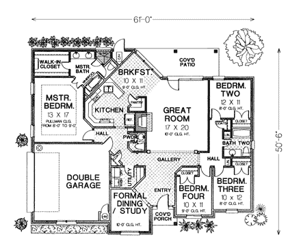 European, One-Story House Plan 66022 with 4 Beds, 3 Baths, 2 Car Garage First Level Plan