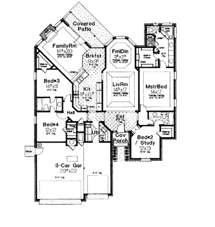 European, One-Story, Traditional House Plan 66047 with 4 Beds, 3 Baths, 3 Car Garage First Level Plan