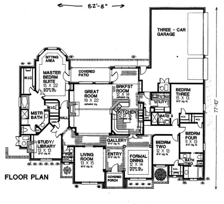 European, One-Story, Tudor, Victorian House Plan 66068 with 4 Beds, 4 Baths, 3 Car Garage First Level Plan