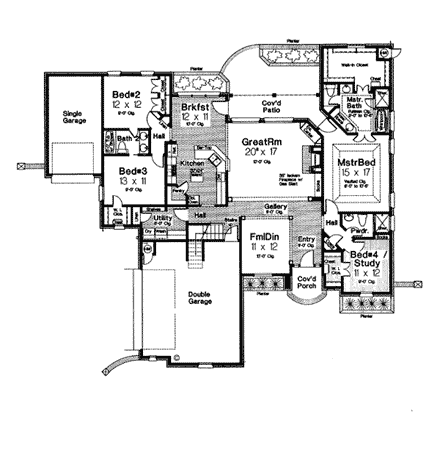 European, One-Story, Tudor House Plan 66074 with 4 Beds, 3 Baths, 3 Car Garage First Level Plan