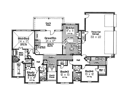 European House Plan 66106 with 4 Beds, 3 Baths, 3 Car Garage First Level Plan