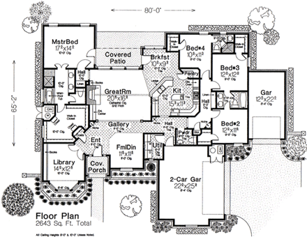 One-Story, Traditional House Plan 66111 with 4 Beds, 4 Baths, 2 Car Garage First Level Plan