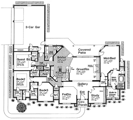 One-Story House Plan 66121 with 3 Beds, 3 Baths, 3 Car Garage First Level Plan