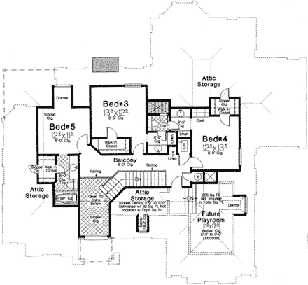 House Plan 66122 with 5 Beds, 5 Baths, 3 Car Garage Second Level Plan